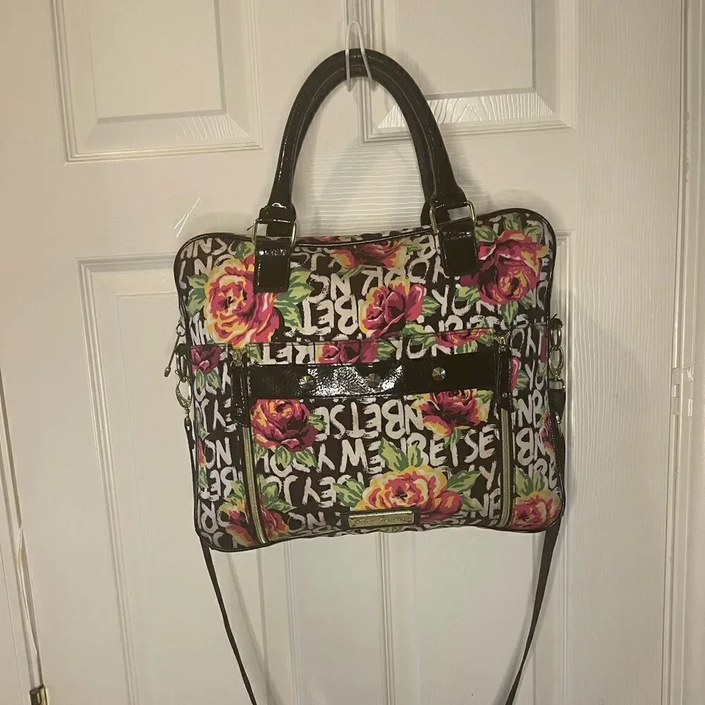 Betsey Johnson Nylon colorful large laptop shoulder bag black patent trim &strap